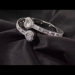 Silver adjustable open heart baguette bracelet